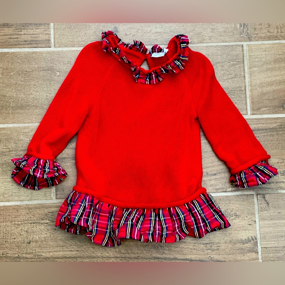 Vineyard Vines Toddler Girl 2T Red Long Sleeve Ruffle Christmas Plaid Sweater